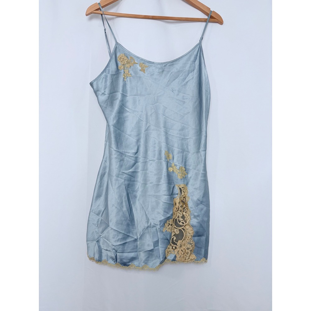 Victorias Secret Vintage Satin Lace Slip Blue Floral Applique Back Tie Large